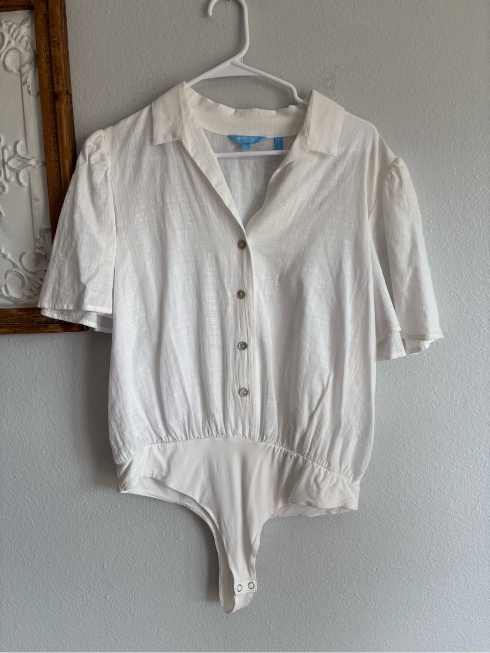 Draper James womens sz large Button Front white cotton rayon Bodysuit Top Collar